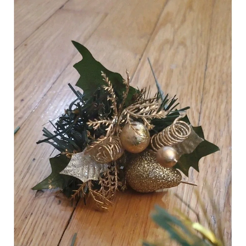 Artificial Pine Stem Fake Pine Cone Glitter Fruit Apple Gold Details Floral Pick